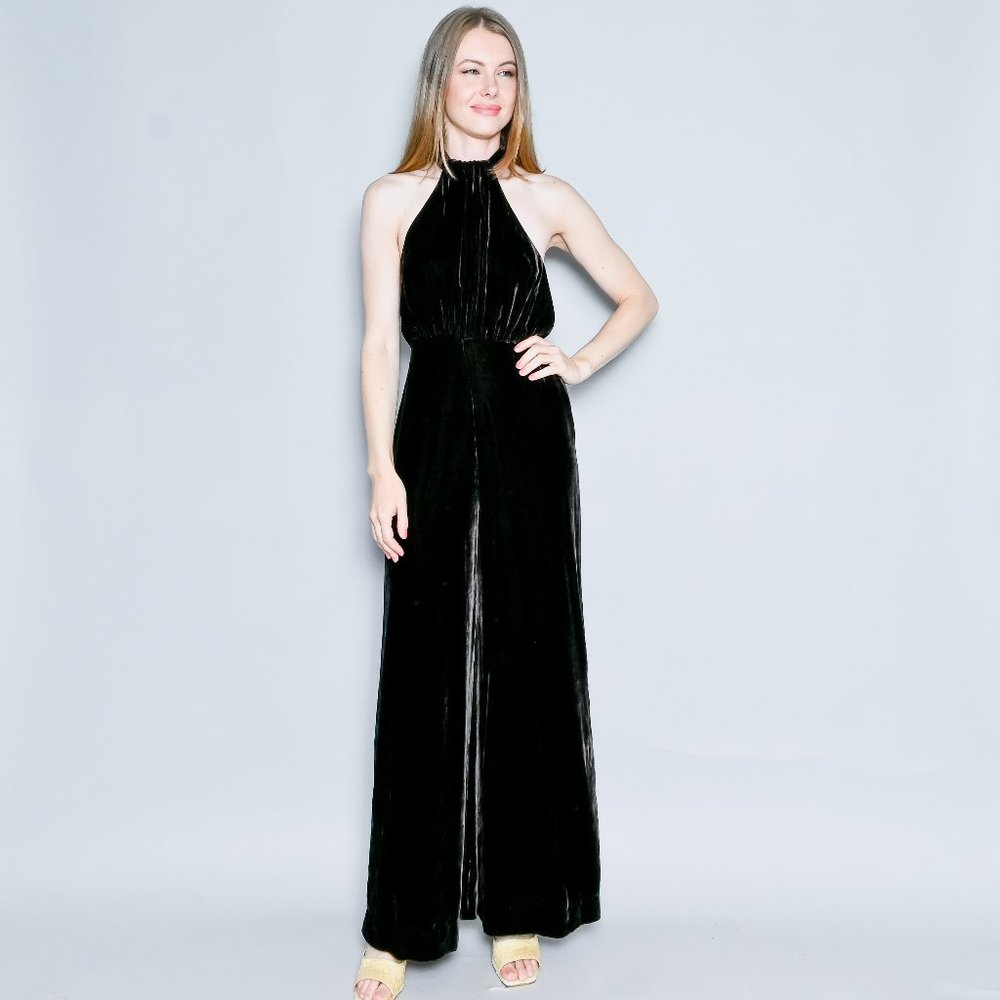 VINTAGE Velvet Halter Top Wide Leg Brown Jumpsuit Sz 36